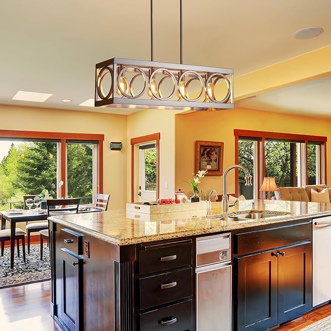 XINGQI Linear Chandelier Brushed Nickel Kitchen Island Light Fixtures 31.5" Rectangle Dining Room Chandeliers, Farmhouse Hanging Large 4-Light Rustic Metal Living Room Office Pendant Lighting