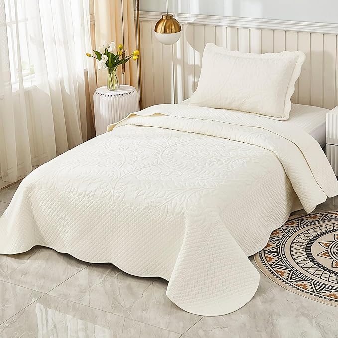 MarCielo 3-Piece 100% Cotton Oversized Bedspread Lightweight Quilt Coverlet Embroidery Farmhouse Bedding Set T0 (Bright White, Twin (68"x86"))