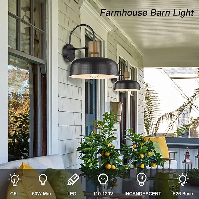 Outdoor Barn Light Gooseneck Barn Light, Farmhouse Exterior Wall Mount Light Vintage Wall Lighting Fixture Industrial Sconce Lantern for Porch, Entryway, Garage, Black, 2 Pack