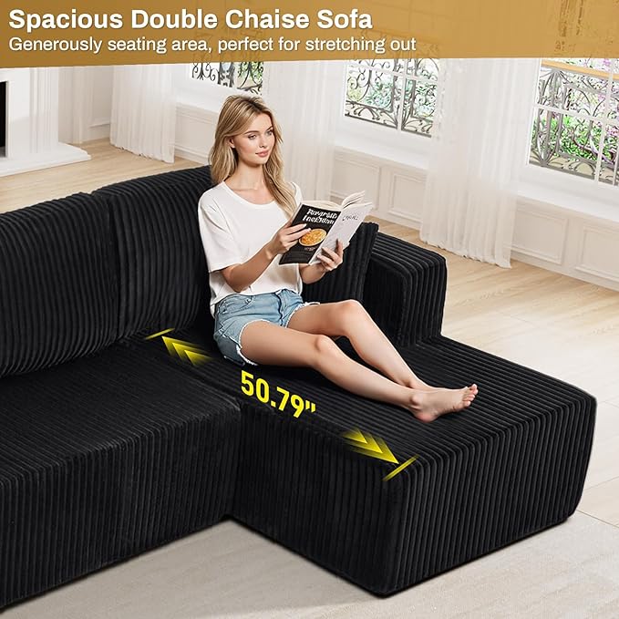 HYJT-H&K Modular Sectional Sofa Cloud Secttional Couch, 132" Comfy U Shaped Couches for Living Room, Deep Seat Memory Foam Fluffy Plush Corduroy Boneless Couch Sectionals with Chaise, Black