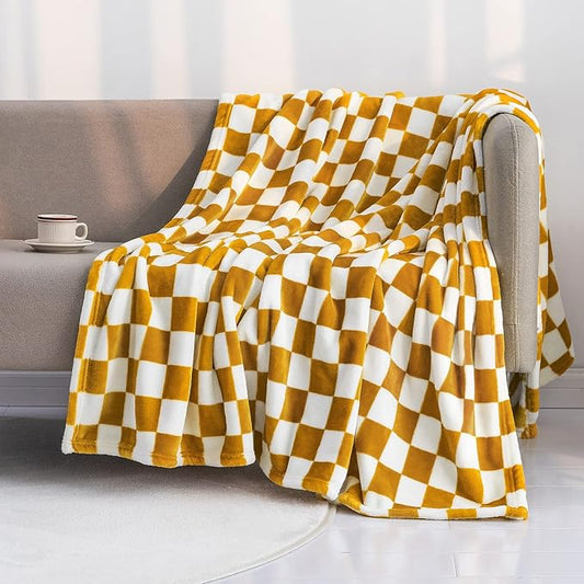 LOMAO Throw Blankets Flannel Blanket with Checkerboard Grid Pattern Soft Throw Blanket for Couch, Bed, Sofa Luxurious Warm and Cozy for All Seasons (Yellow, 90"x90")