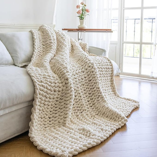 Chunky Knit Blanket - Luxury Soft Cozy 60 * 80 Throw Blanket,100% Woven Blanket Rope Knot Throw Blanket for Couch, Sofa, Home Decor, Gift - Machine Washable(Cream)