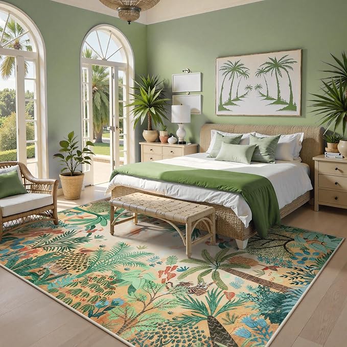 LIVEBOX Boho Jungle Animal Print 5 x 7 Area Rugs for Living Room, Soft Yellow Rug for Bedroom, Non-Slip Machine Washable Rugs for Dining Room Office, Kids Rugs for Playroom Sun Rug for Nursery Room