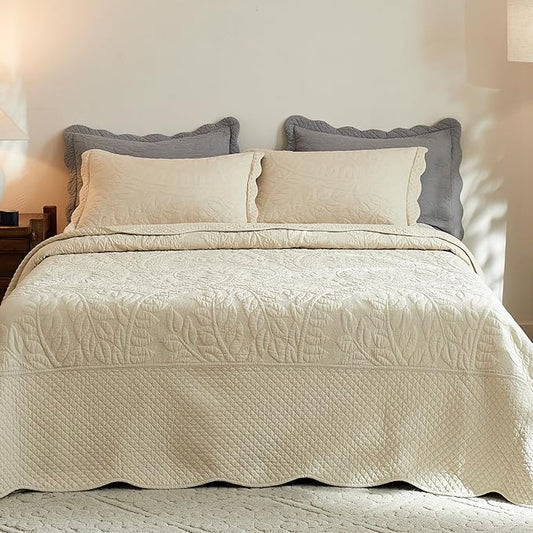 MarCielo 3-Piece 100% Cotton Oversized Bedspread Lightweight Quilt Coverlet Embroidery Farmhouse Bedding Set T0 (Yellowish Beige, Oversized Queen (100"x106"))