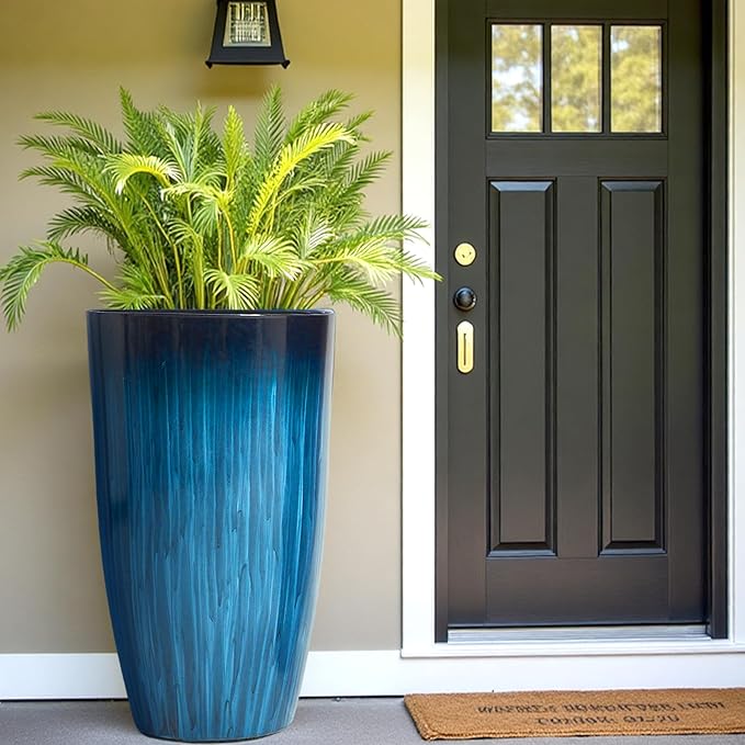 Worth Garden 23.5" H. Large Plastic Planters - Set of 2 Gradient Blue Glossy Smooth Finish - Tall Plant Pots for Indoor & Outdoor Use - Decorative Lightweight Flower Pot for Front Porch, Patio, Deck