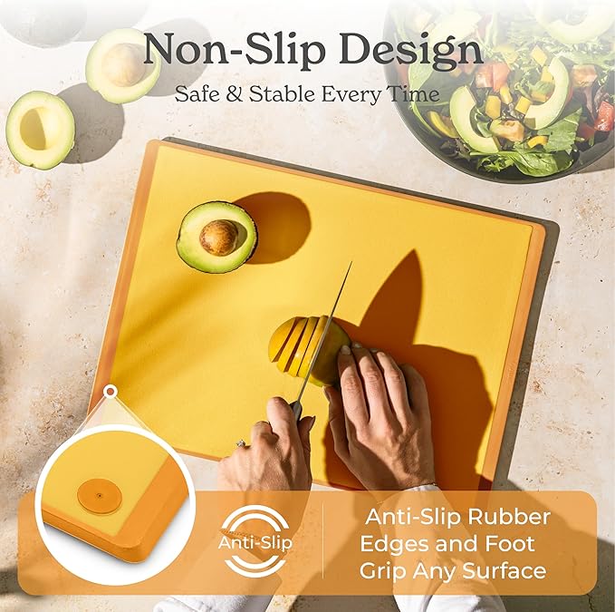 SMIRLY Plastic Cutting Board Set with Holder 4 Pieces, Non-Slip Dishwasher Safe Chopping Boards for Kitchen, Yellow