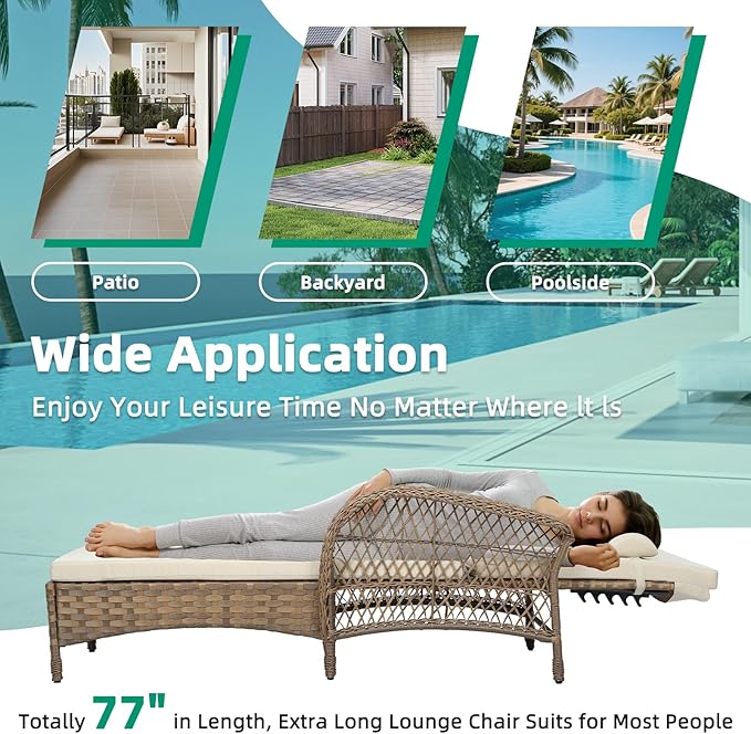 VIVIJASON 3 Pieces Outdoor Wicker Chaise Lounge Chair Set, All-Weather PE Rattan Cushioned Patio Lounger Set of 2 with Side Table, Adjustable Pool Sunbathing Recliner with Armrest & Pillow, Beige