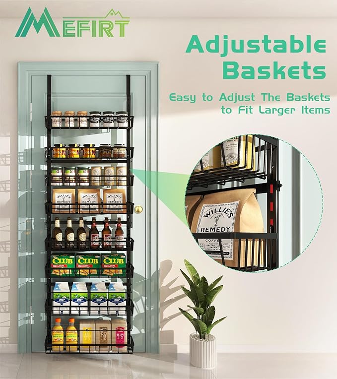 Over The Door Pantry Organizer, Wall Mount Spice Rack, Pantry Hanging Storage and Organization, 8 Adjustable Baskets Heavy-Duty Metal for Home & Kitchen, Back of Door Seasoning Rack - Black