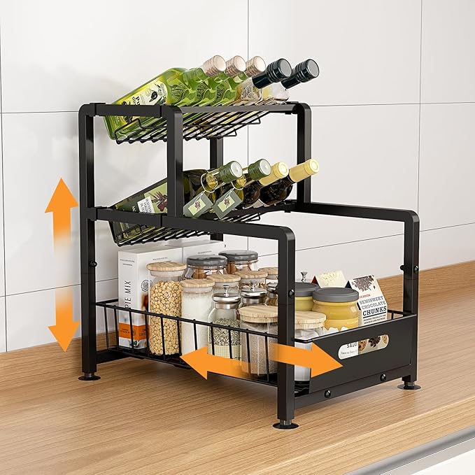 REALINN Spice Rack Organizer for Countertop, 3 Tier Pull Out Spice Rack, Height Adjustable Countertop Seasoning Organizer for Kitchen, Bathroom Storage