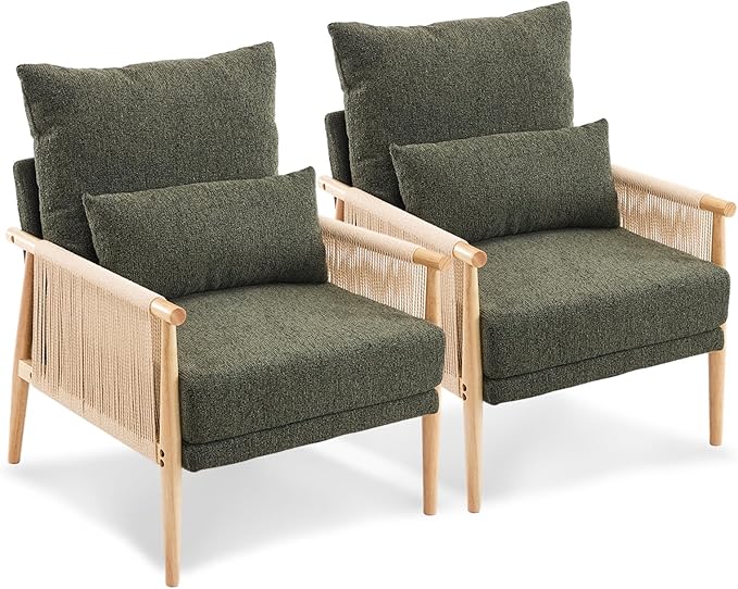 VINGLI Boho Braid Accent Armchairs Set of 2,Mid-Century Modern Chiars with Solid Wooden Armrest,Comfy Louge Cushion Chairs with Waist Pillow for Bedroom,Living Room,Reading Room, Dark Green