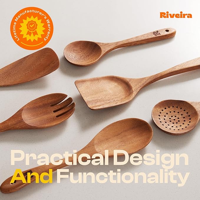 Riveira Walnut Wooden Spoons for Cooking Set of 6 – Natural Walnut Wooden Cooking Utensils, Wooden Spatula, Wooden Spoon - Premium Quality Wooden Utensil Set for Non-Toxic Cooking