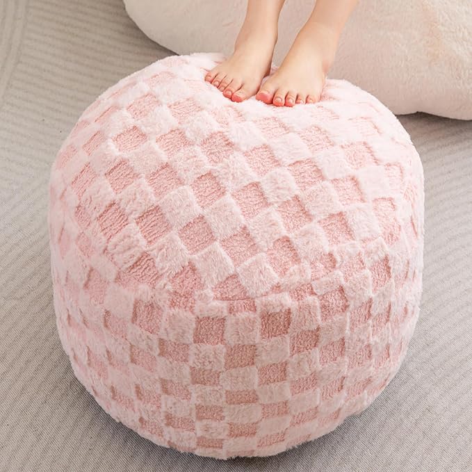 HIGOGOGO Round Stuffed Pouf Ottoman, Plaid Poufs with Foam Chunk Filling, Fluffy and Furry Pouf Foot Stool Storage Ottoman, 20 X 15 Floor Poufs Foot Rest for Living Room, Pink