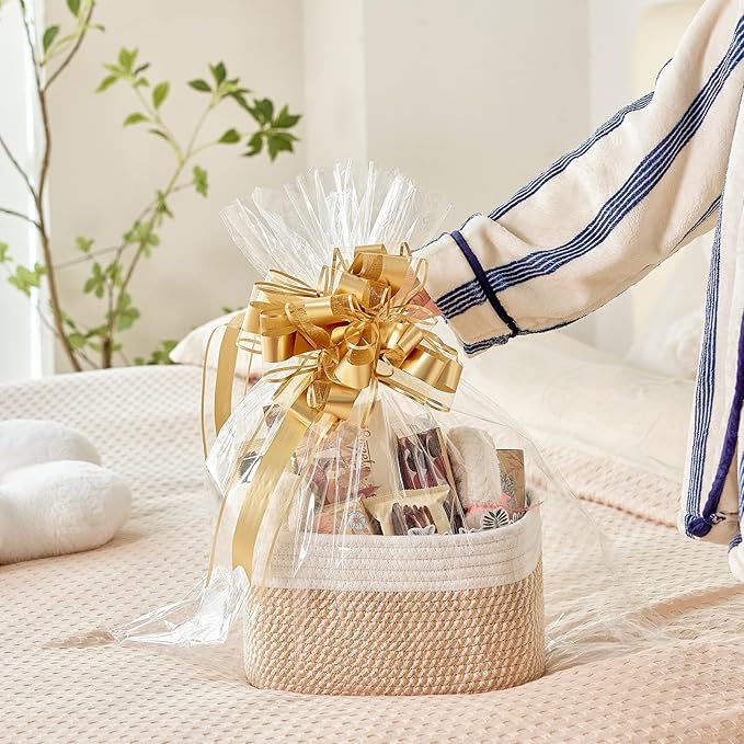 Small Cotton Rope Storage Basket Set of 3-11"x7"x7" Perfect Woven Baskets for Storage, Ideal Storage Baskets for Organizing Toys, Towels, and More - Baskets for Shelves(White & Mixed Camel)