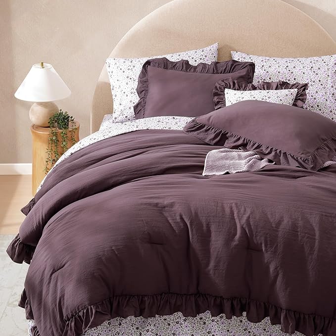 Queen Comforter Set - 7 Pieces Ruffle Purple Bedding Sets, Shabby Chic Farmhouse Bed in a Bag Queen with Ruffle Comforter, Floral Sheets, Pillowcases & Shams