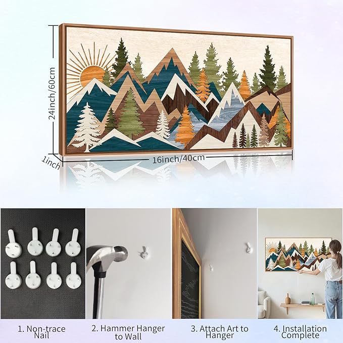 Tinonedraw Large Metal Mountain Framed Canvas Wall Art, Boho Rustic Sunrise Forest Wall Decor, 3 Piece Vintage Nature Artwork, Modern Wilderness Art Print for Living Room Bedroom Office 20"x40"