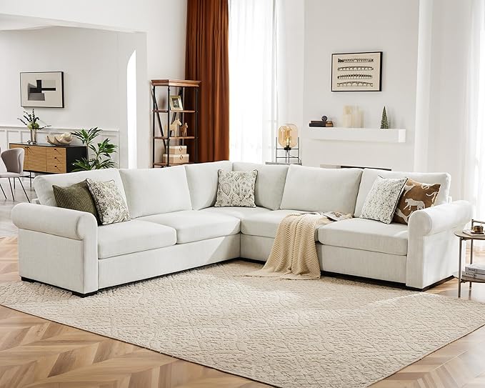 L Shaped Sectional Sofa with Ottoman,Rolled Armrest,Modern Sectional Modular Couch for Living Room,Breathable Linen Fabric Corner Couch with 7 Seats for Apartment,Removable Sofa Cushion,Ivory