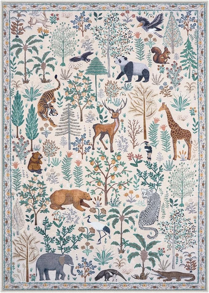 OJIA Jungle Print Washable Area Rugs 5x7, Soft Modern Rugs for Living Room Ultra-Thin Non-Shedding Bedroom Rug, Stain Resistant Neutral Area Rug Large Carpet for Dining Room Kids Nursery Playroom