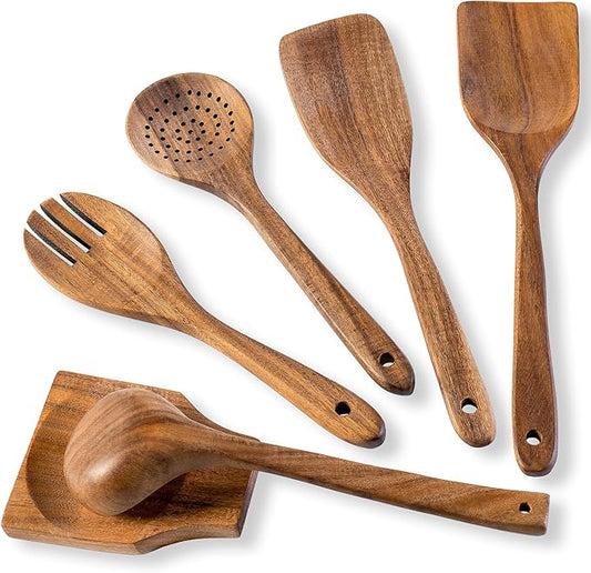 Wooden Spoons for Cooking, Nonstick Cooking Utensil Set with 5 Piece Acacia Wooden Spatulas and Spoons, as well as a Extra Whole Wood Spoon Rest, Terrific for Everyday Kitchen Tasks