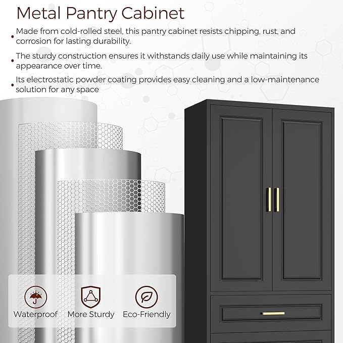 75" Kitchen Pantry Cabinet, Metal Storage Cabinets with Doors and Adjustable Shelves, Black Tall Pantry Cabinet with 3 Drawers for Dinning Living Room