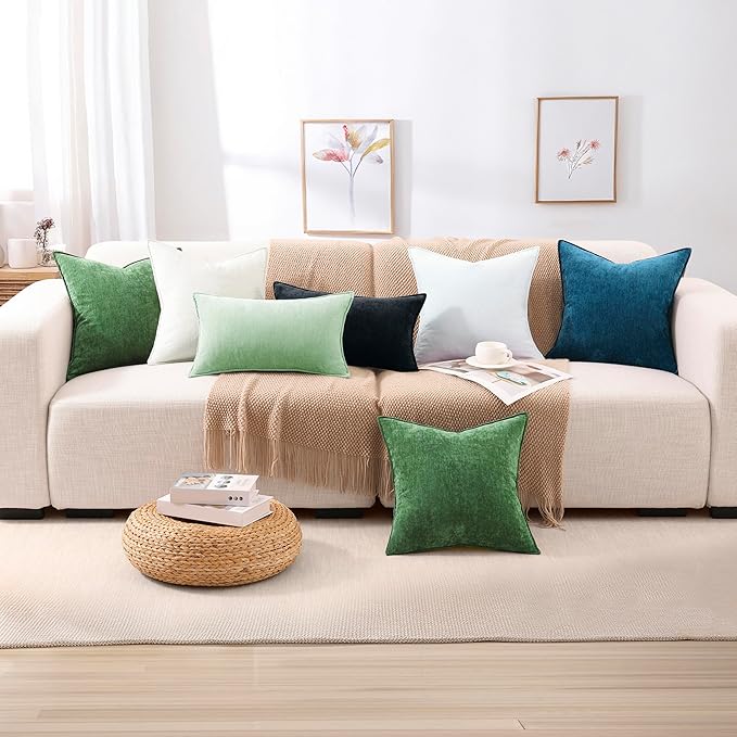 decorUhome Christmas Couch Throw Pillow Covers 26x26 Set of 2, Decorative Soft Euro Neutral Chenille Pillow Covers with Elegant Design for Sofa Bed Living Room Home Decor, Moss Green