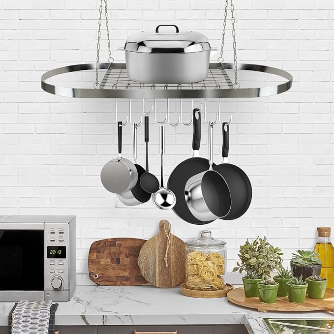 Sorbus® Pot and Pan Rack for Ceiling with Hooks — Decorative Oval Mounted Storage Rack — Multi-Purpose Organizer for Home, Restaurant, Kitchen Cookware, Utensils, Books, Household (Hanging Chrome)