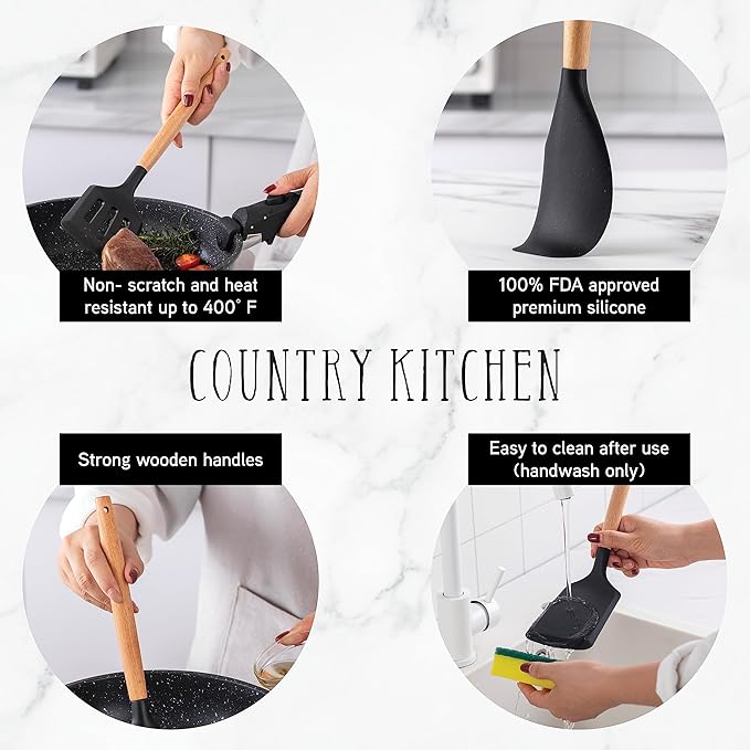 Country Kitchen Non Stick Silicone Utensil Set with Rounded Wood Handles for Cooking and Baking, 14 Piece Set, Black