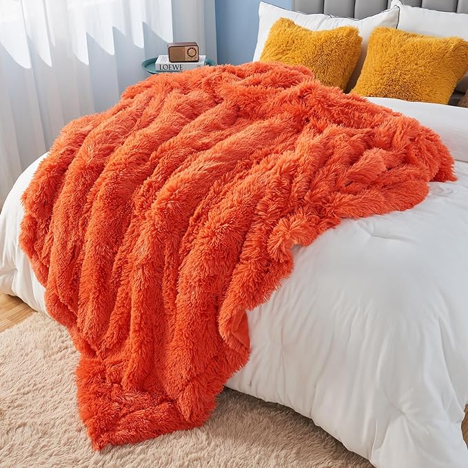 GONAAP Fuzzy Faux Fur Throw Blanket Twin Size Orange Super Soft Cozy Plush Fuzzy Shaggy Blanket for Couch Sofa Bed (Orange, Twin(60"x80"))