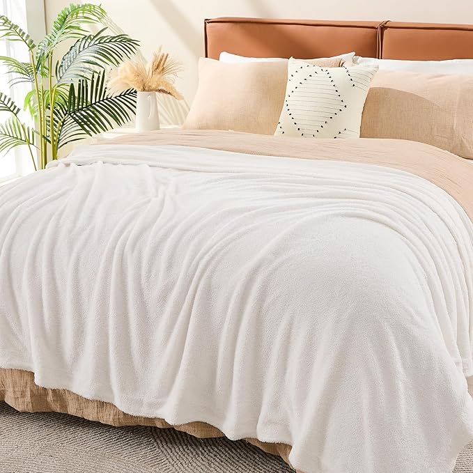 EMME White Throw Blanket Muslin and Fleece Blanket for Women Reversible - 50"*60" Soft & Cozy Warm Lightweight Small Blankets for Couch Bed Picnic Travel Bed