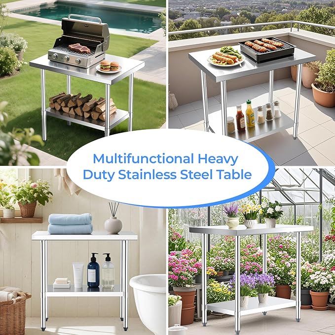 NUUK Stainless Steel Work Table 24 x 36 Inches Heavy Duty Commercial Workstation Adjustable Height Kitchen Food Prep Worktable for Restaurant, Home and Hotel