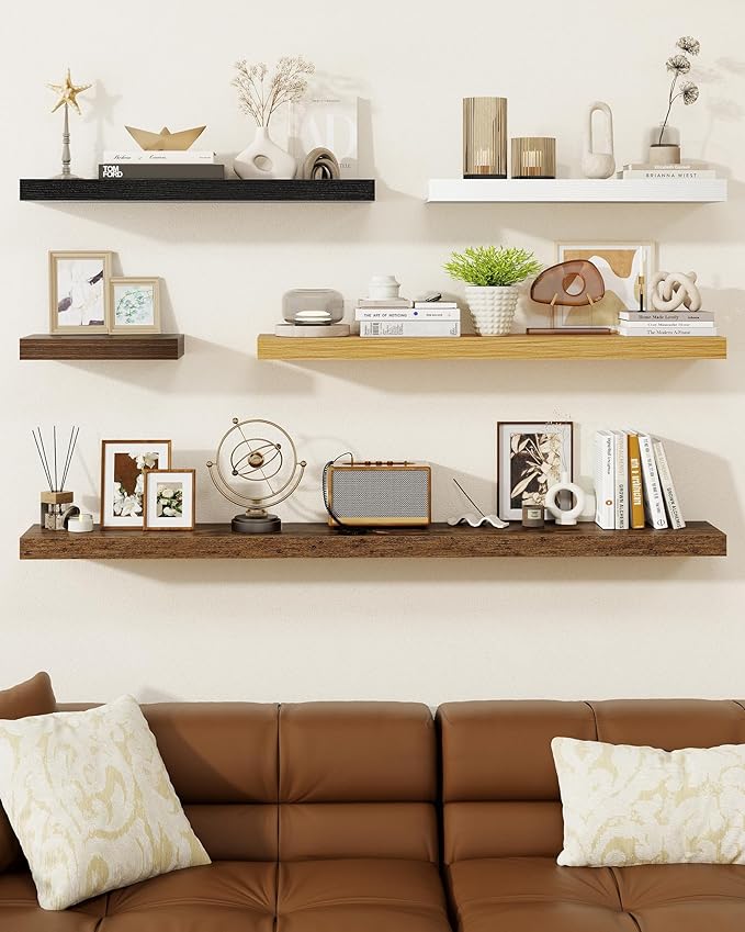 Marsmiles 6.7" Floating Shelves for Wall, Wooden Shelves with Invisible Brackets Set of 2, Rustic Farmhouse Wall Mounted Shelf for Kitchen Bathroom Living Room Study, Natural Oak