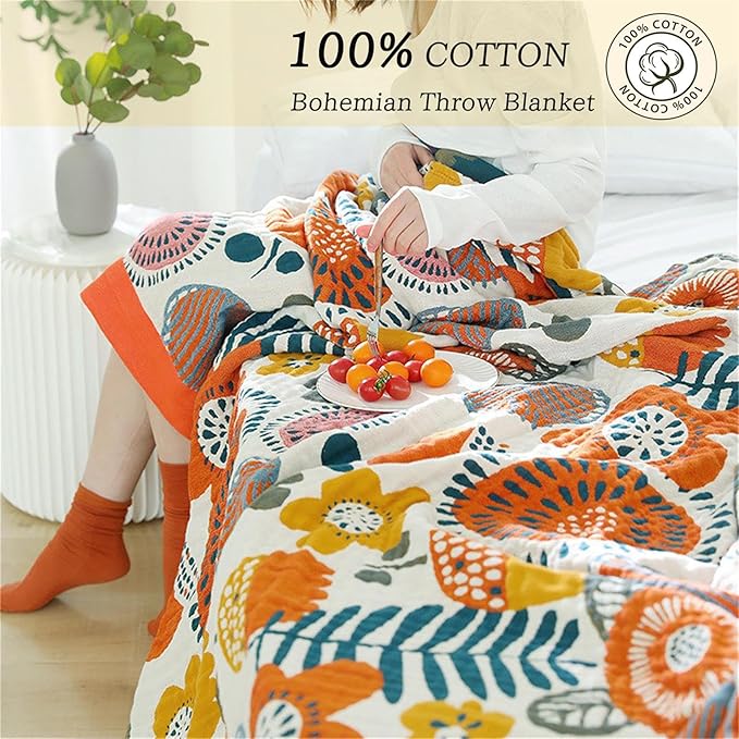 Cotton Throw Blanket for Couch Bed 100% Cotton Quilt 90''x 98'', Boho Floral Blanket Cozy Soft Muslin Farmhouse Bed Blanket Decorative Christmas Blankets Gifts for Women Mom
