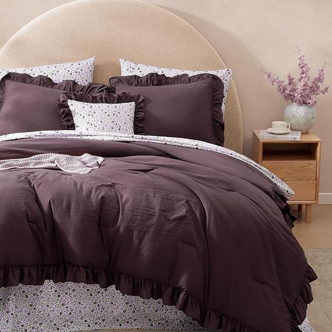 Queen Comforter Set - 7 Pieces Ruffle Purple Bedding Sets, Shabby Chic Farmhouse Bed in a Bag Queen with Ruffle Comforter, Floral Sheets, Pillowcases & Shams