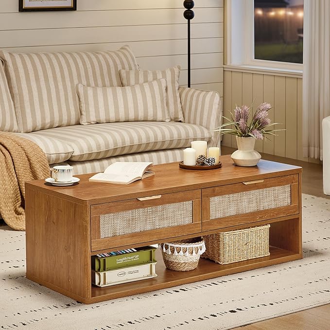 LEYAOYAO Boho Rattan Coffee Table Sets 2 Pieces, Nightstand with Charging Station and Coffee Table with Hidden Storage Compartment, Brown Living Room Table Set, Wood Furniture Sets for Home Office