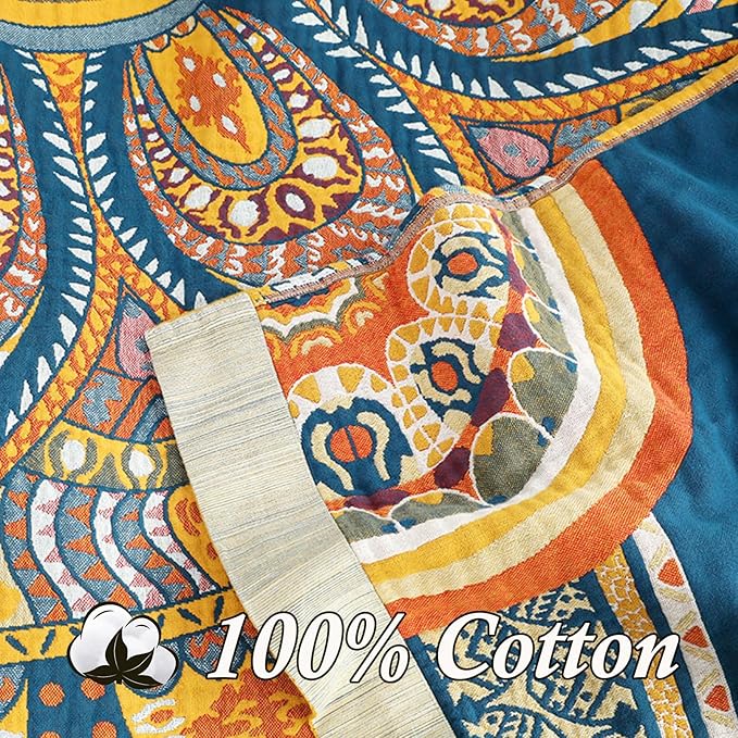 Snycler Boho 100% Cotton Throw Blanket, Decorative Muslin Boho Throw Blanket, Soft Cozy Colorful Bohemian Floral Reversible Blanket with Tassels for Chair Couch Bed Sofa Room Decor, 80x90 Inch
