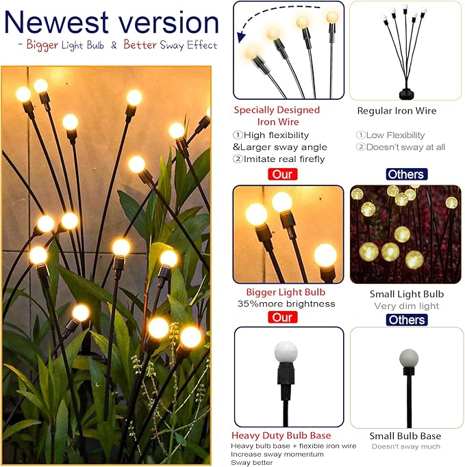 TONULAX Solar Garden Lights - Upgraded Solar Swaying Light, Sway by Wind, Outdoor Lights, Yard Patio Pathway Decoration, High Flexibility Iron Wire & Heavy Bulb Base, Warm White (4 Pack)