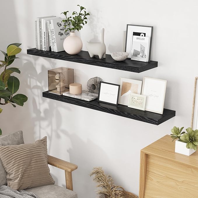 Fun Memories Floating Shelves 48 Inch Set of 2, Black 48 x 9 Wall Shelves for Home Decor Storage, Rustic Wood Floating Shelf for Wall, 9 Inch Deep Shelving for Bathroom, Living Room, Kitchen
