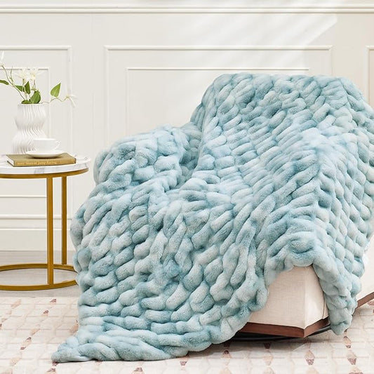 Ultra Soft Luxury Faux Fur Twin Blanket for Counch,Fuzzy Fluffy Plush Warm Cozy Elegant Wrinkled Blanket for Sofa Bedroom Living Room,(60"x80",Tie-dye Freshwater Blue)