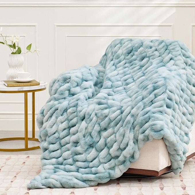 Ultra Soft Luxury Faux Fur Throw Blanket for Counch,Fuzzy Fluffy Plush Warm Cozy Elegant Wrinkled Blanket for Sofa Bedroom Living Room,(50"x60",Tie-dye Freshwater Blue)