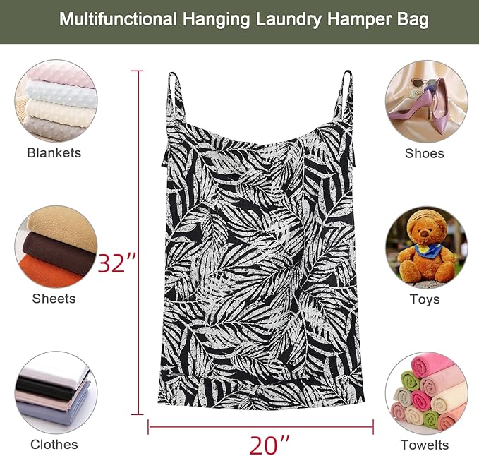 Linen Hanging Laundry Bag, 100% Linen Leaf Print Over The Door Laundry Hamper with Buttons and Zipper, Space Saving Door Hampers for Laundry Dirty Clothes Home Travel, Black, 19.7x27.5inches