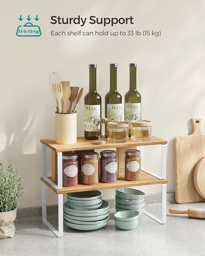 SONGMICS Cabinet Organizer Shelf, Set of 2 Kitchen Counter Shelves, Kitchen Storage, Spice Rack, Stackable, Expandable, Metal and Engineered Wood, Cloud White and Natural Beige UKCS200W01