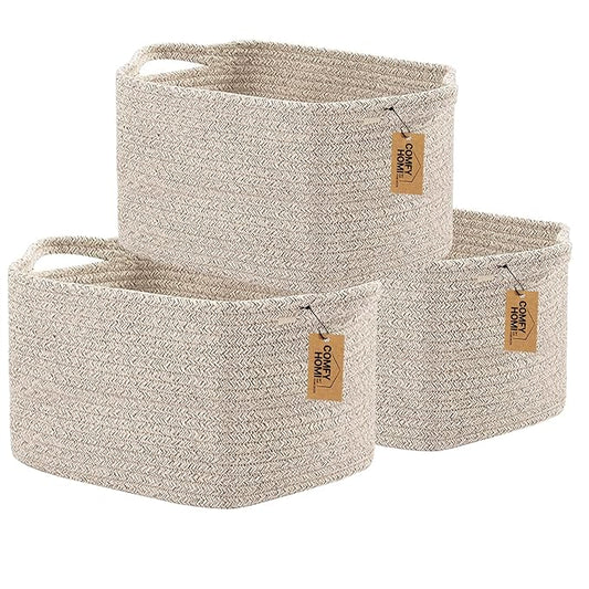 COMFY-HOMI 3PACK Cotton Rope Woven Basket With Handles for Shelves, Toy, Book, Cloth Storage Basket for Organizing|13.5" x 11" x 9.5" Decorative Nursery Cube Bin for Living Room(all brown)
