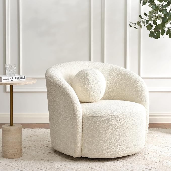KINWELL Sherpa Swivel Barrel Chair & Round Ball Pillow Set - 34" Wide Modern Boucle Accent Chair with 9” Matching Nordic Decorative Throw Pillow for Living Room and Bedroom(Cream)