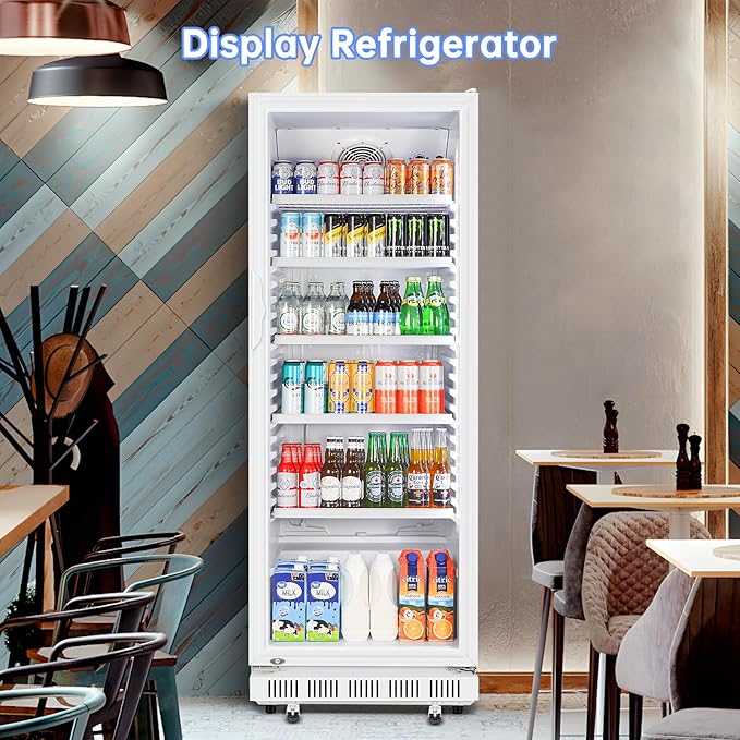 Commercial Beverage Refrigerator, 24.5 Inch 15 Cu. Ft. Drink Fridge, Display Refrigerator with Glass Door, Commercial Display Fridge with 5 Adjustable Shelves, for Shops, Restaurants, Bars
