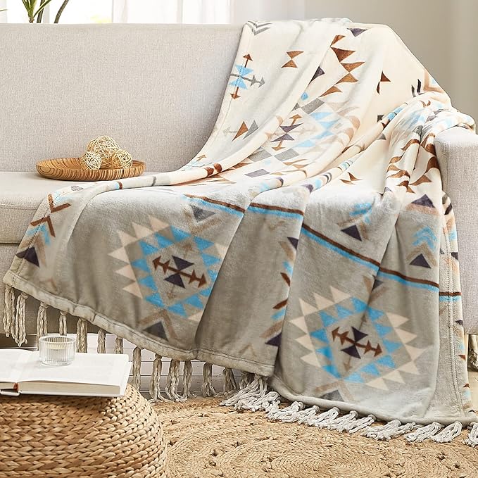 CASAAGUSTO Boho Throw Blanket - Green and Beige Decorative Blankets with Tassel, Printed Flannel Bohemian Blanket for Chair, Bed, Sofa, Couch(50 * 60, Green and Beige)
