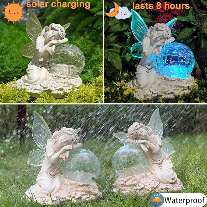 Fairy Garden Statue ,Solar Garden Decor ,Fairy Statue Outdoor with Glass Ball ,Waterproof Outdoor Decor,Suitable for Yard, Lawn ,Ideal for Holiday Giving (Left)
