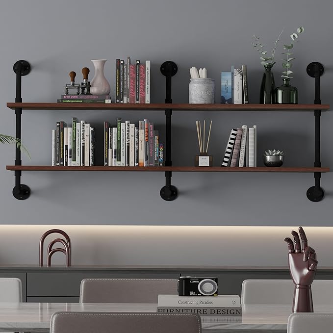Industrial Pipe Wall Shelves Pipe Shelving with Real Wood Plank,70 Inches Floating Shelves for Wall Farmhouse Pipe Book Shelves Dark Brown 2 Tier for Kitchen,Living Room Decor and Bar Shelving