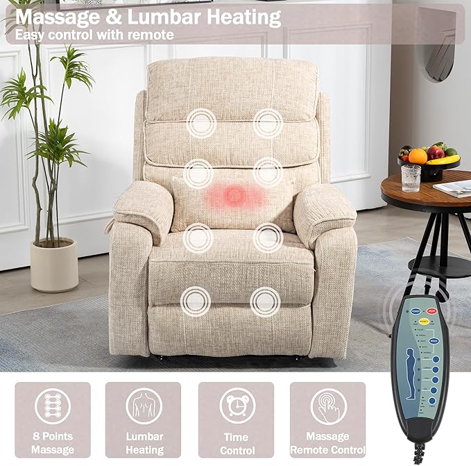 Power Lift Recliner Chair for Adults Elderly Lay Flat Velvet Recliners with Massage Heating, Extended Footrest, Wireless Charging Device, USB Ports, Cup Holder, Lumbar Pillow