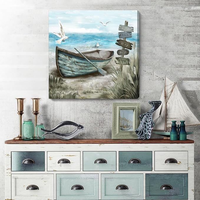 Canvas Wall Art Beach Décor Wall Picture Rustic Coastal Sand Canvas Print Ocean Nautical Painting Seascape Sea Bird Vintage Ship Boat Artwork for Seaside Living Room Bedroom Bathroom Decor Blue Large