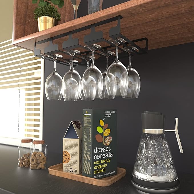 Wine Glass Rack - Under Cabinet Stemware Wine Glass Holder Glasses Storage Hanger Metal Hanging Organizer for Bar Kitchen 4 Rows Black