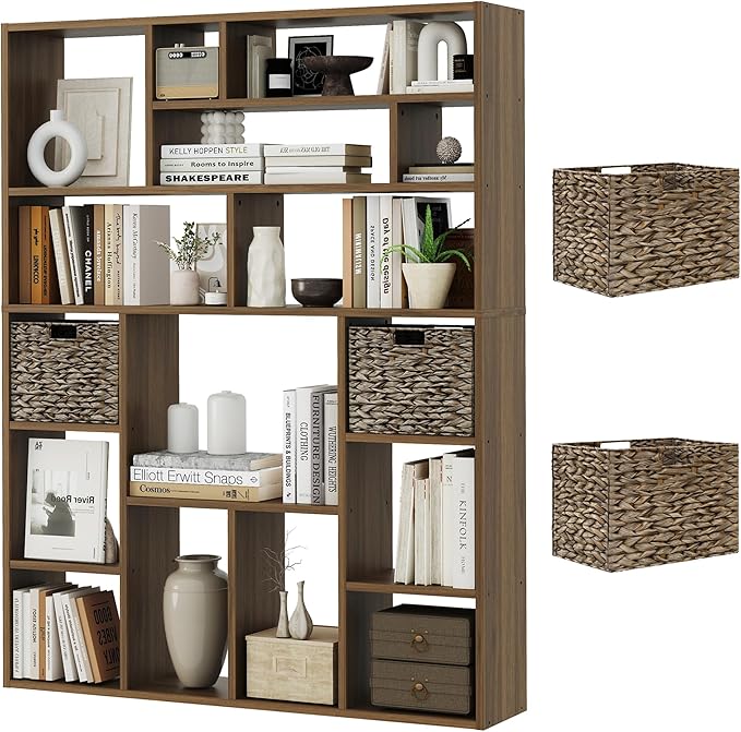 71” Tall Wooden Bookcase 6-Tier Large Bookshelves with 2 Woven Baskets, 55" Wide Floor Standing Wood Display Organizer Shelves for Living Room(Brown)